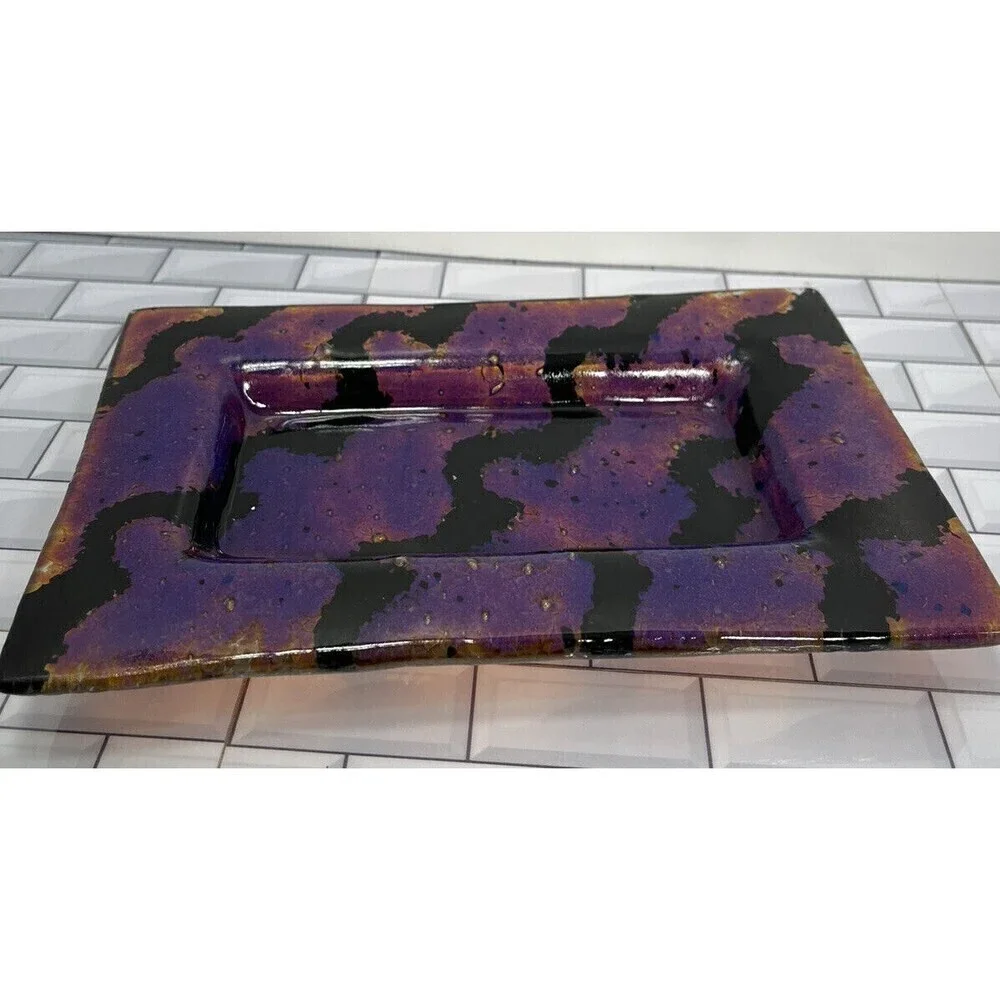 Fused Art Glass Medium Multicolored Trinket Tray Dish Artist Signed - Picture 3 of 10